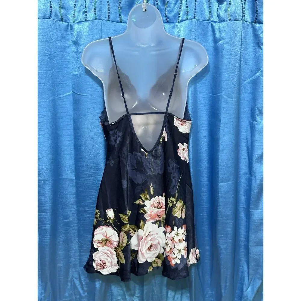 in bloom by jonquil Navy Blue Floral Print Lace Bust Slip Dress Chemise Stretch